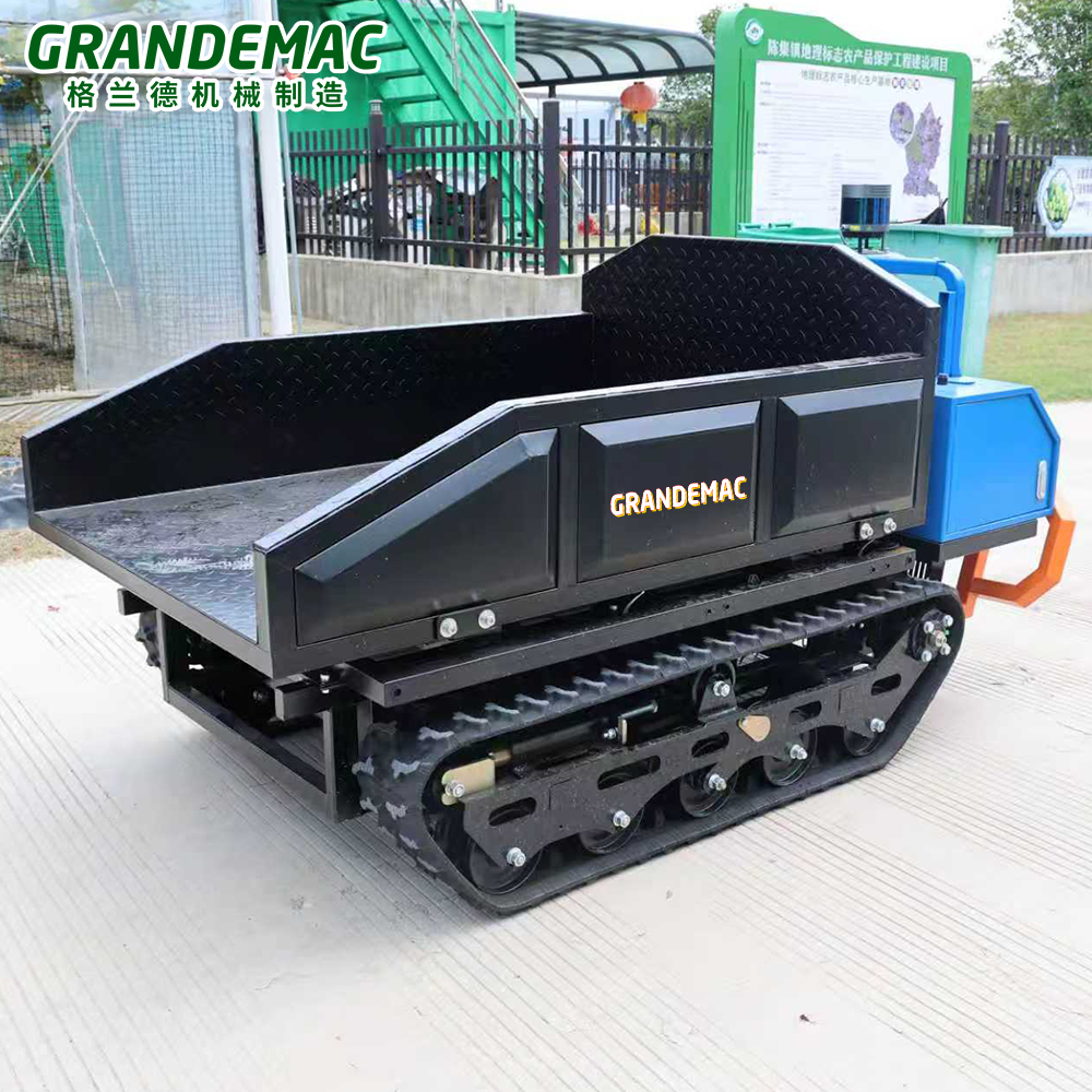 Tracked transport vehicle navigating rugged mountain orchard terrain